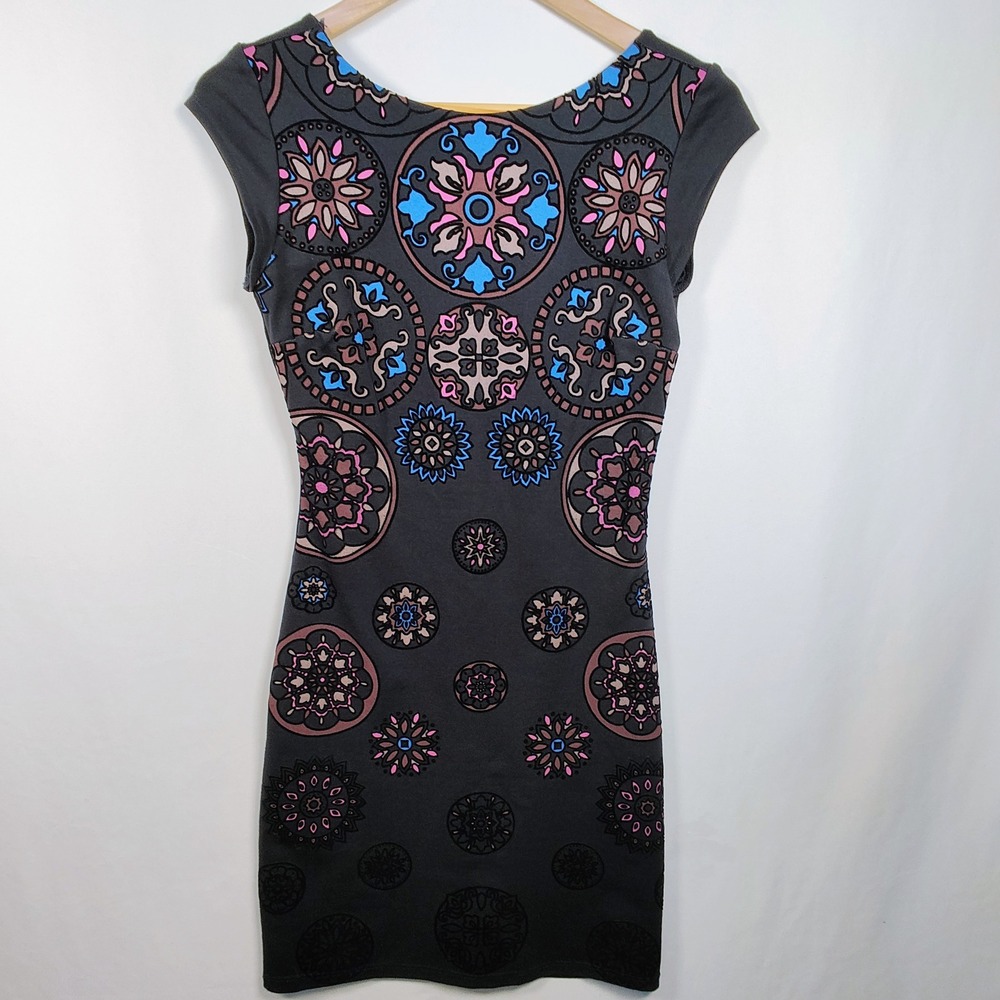 Desigual Women's XS Black Mandala Print Sheath Dress Boho Sleeveless
